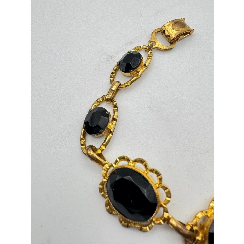Vintage  Victorian Revival Bracelet Black Faceted Graduated Scalloped Link